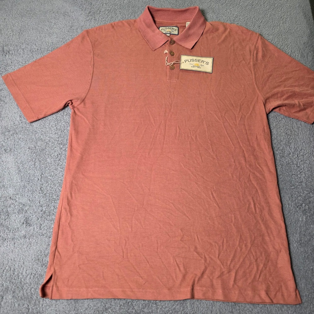 Pusser's Mens Large Polo Shirt Coral Silk Cotton Short Sleeve Textured NWT VTG